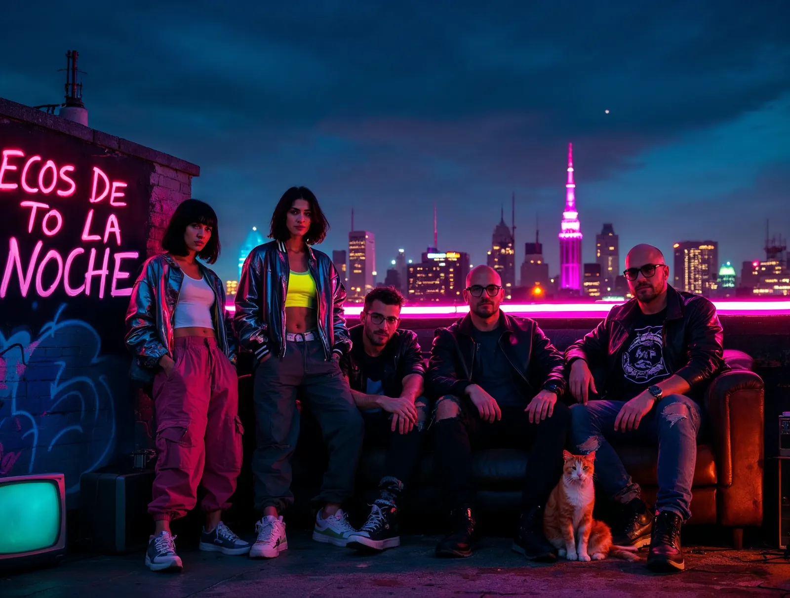 La pandilla reunida en una azotea de noche