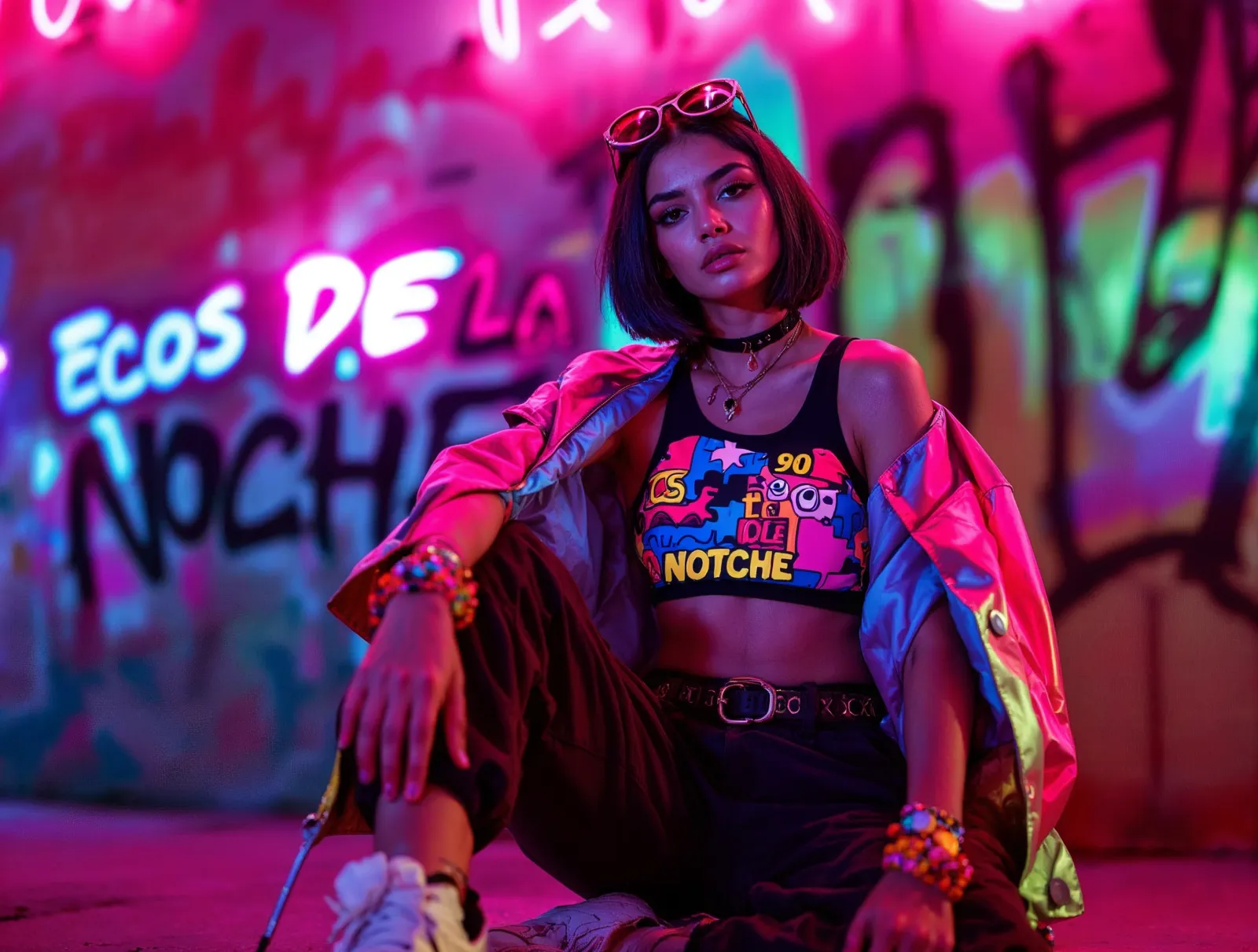 Chica sentada delante de un muro de pintadas iluminado en rosa